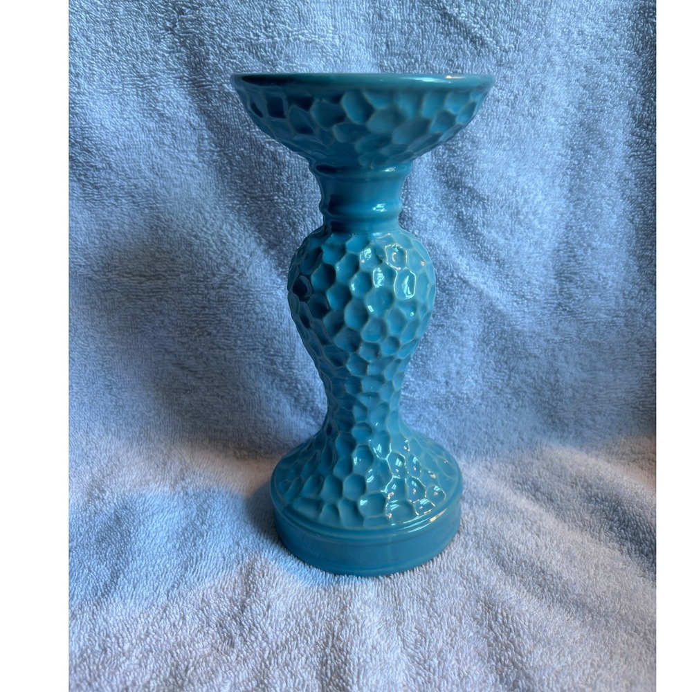 Turquoise Blue Ceramic Hammered Texture Pillar Candle Holder Pedestal 8.5"
